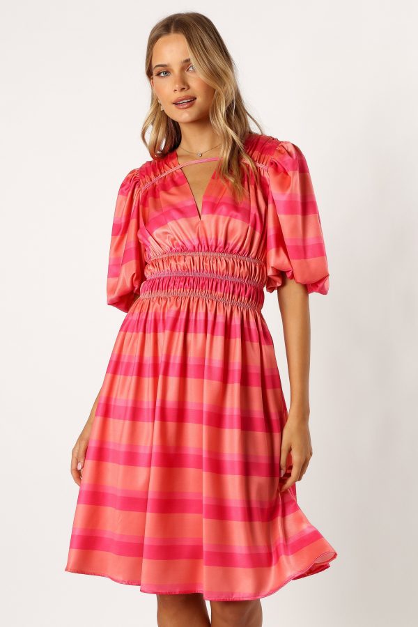 Lennon Puff Sleeve Midi Dress - Pink Orange